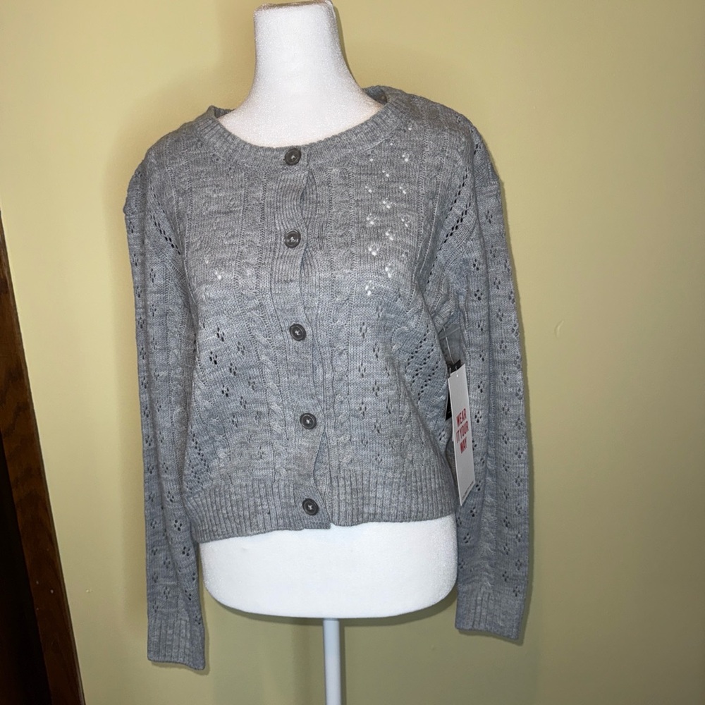 Gray Button-Front Knit Sweater Cardigan